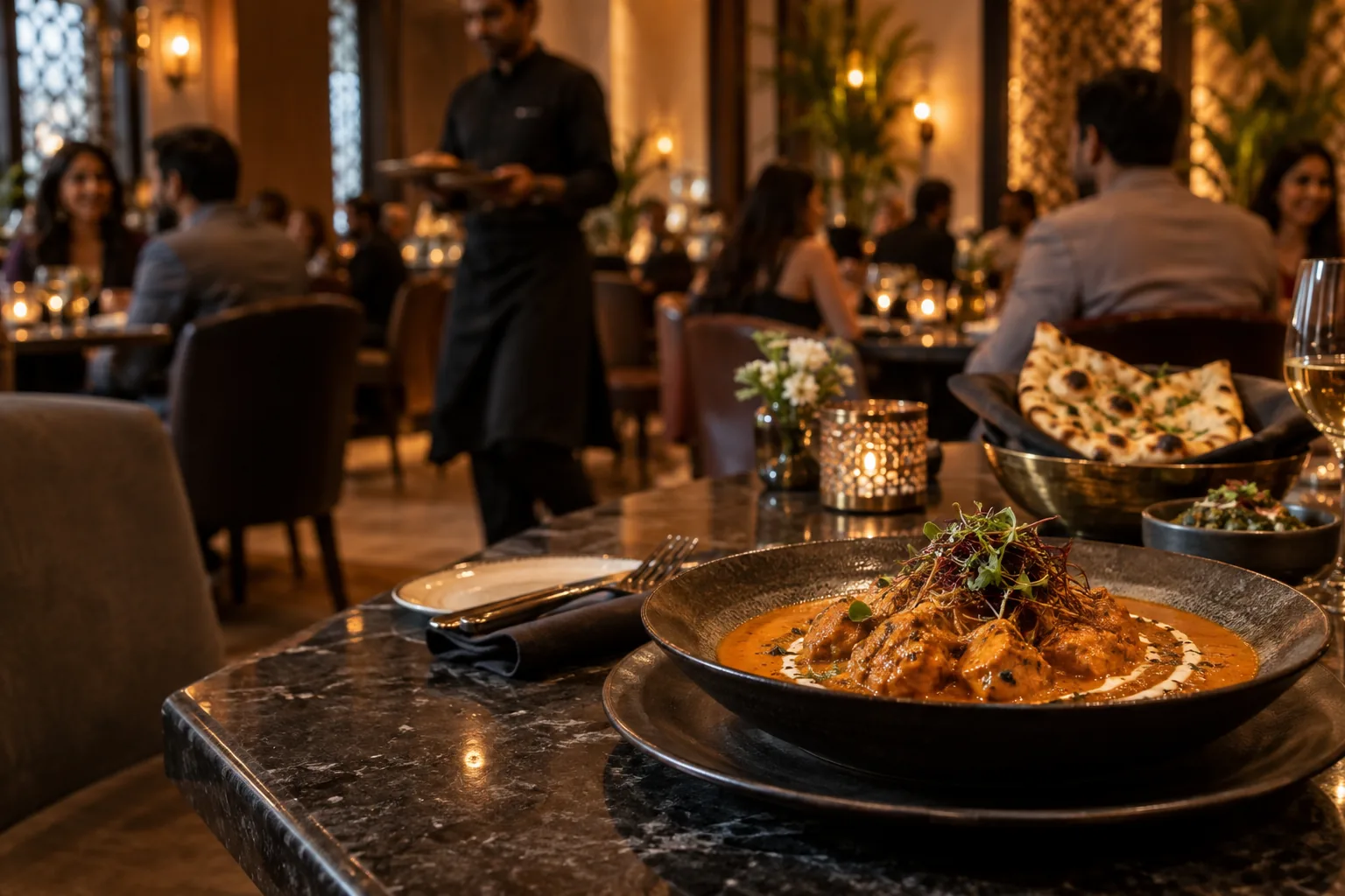 Guests dining in a warmly lit restaurant